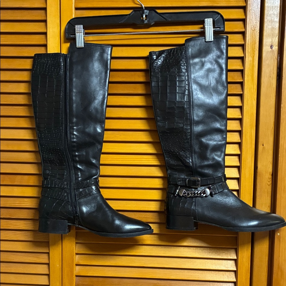 Elegant Black Over the Knee Boots with Croc Detail